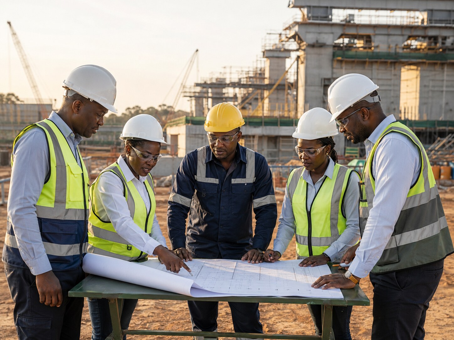 Engineering professionals reviewing a plan on site
