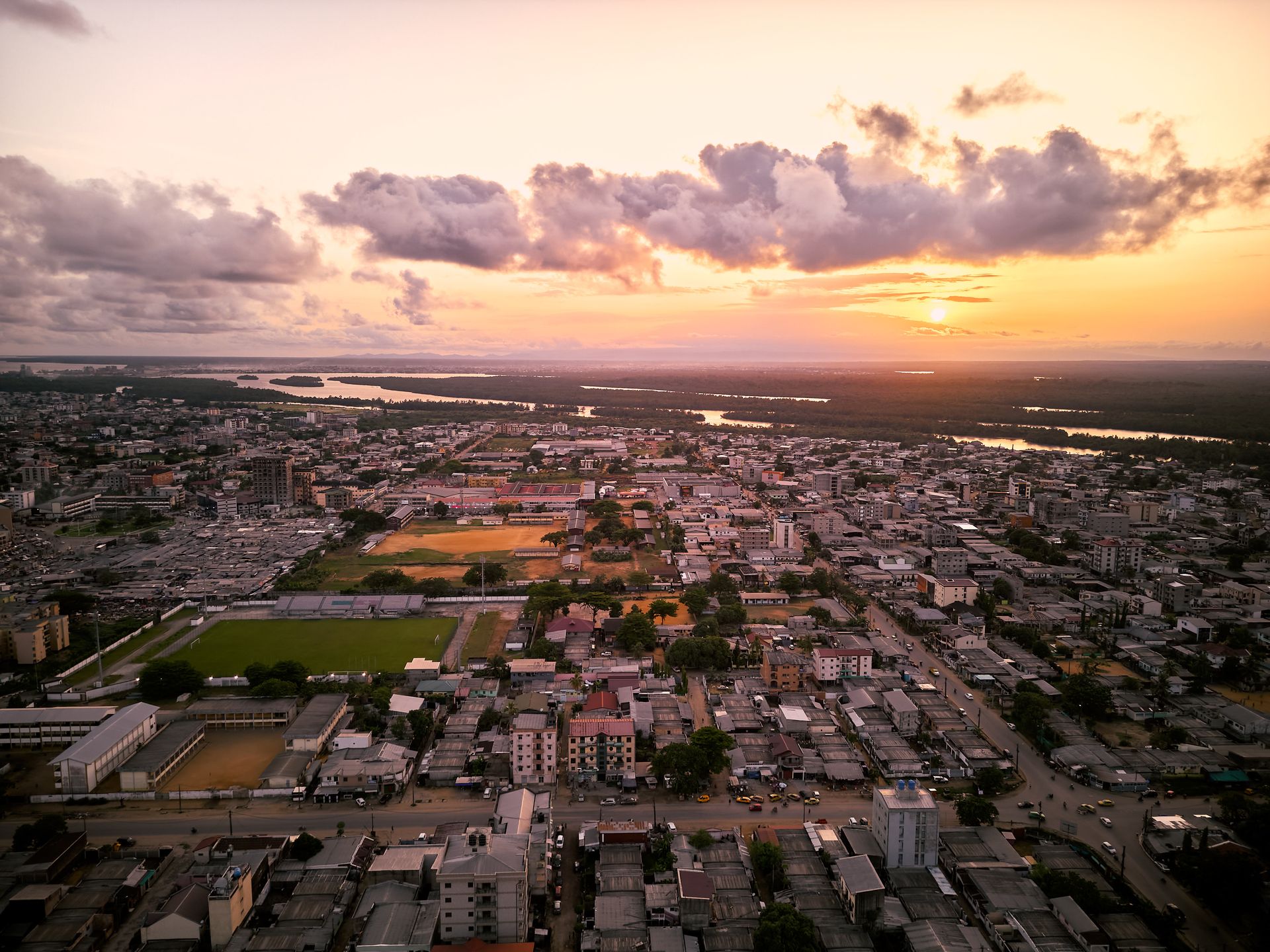 Aerial urban view at sunset